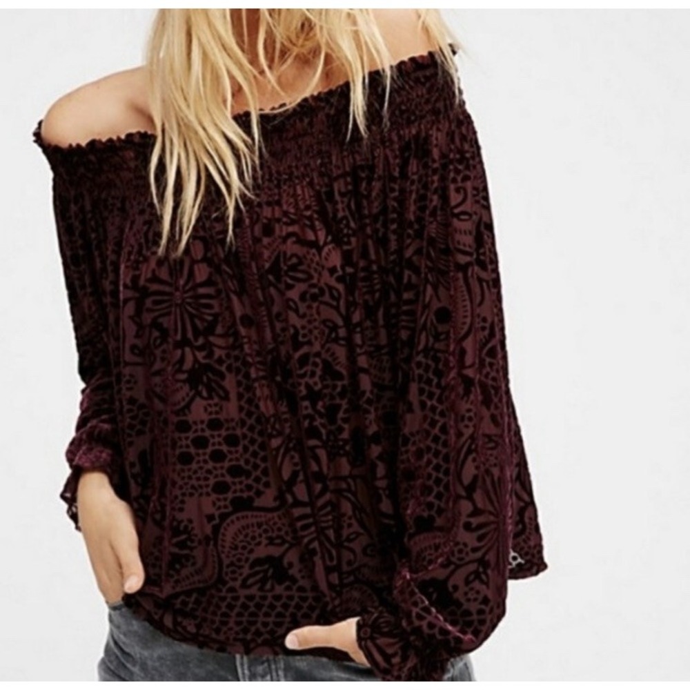 Free People Velvet Burnout Floral Plum Purple Off-the-Shoulder Top Size XS